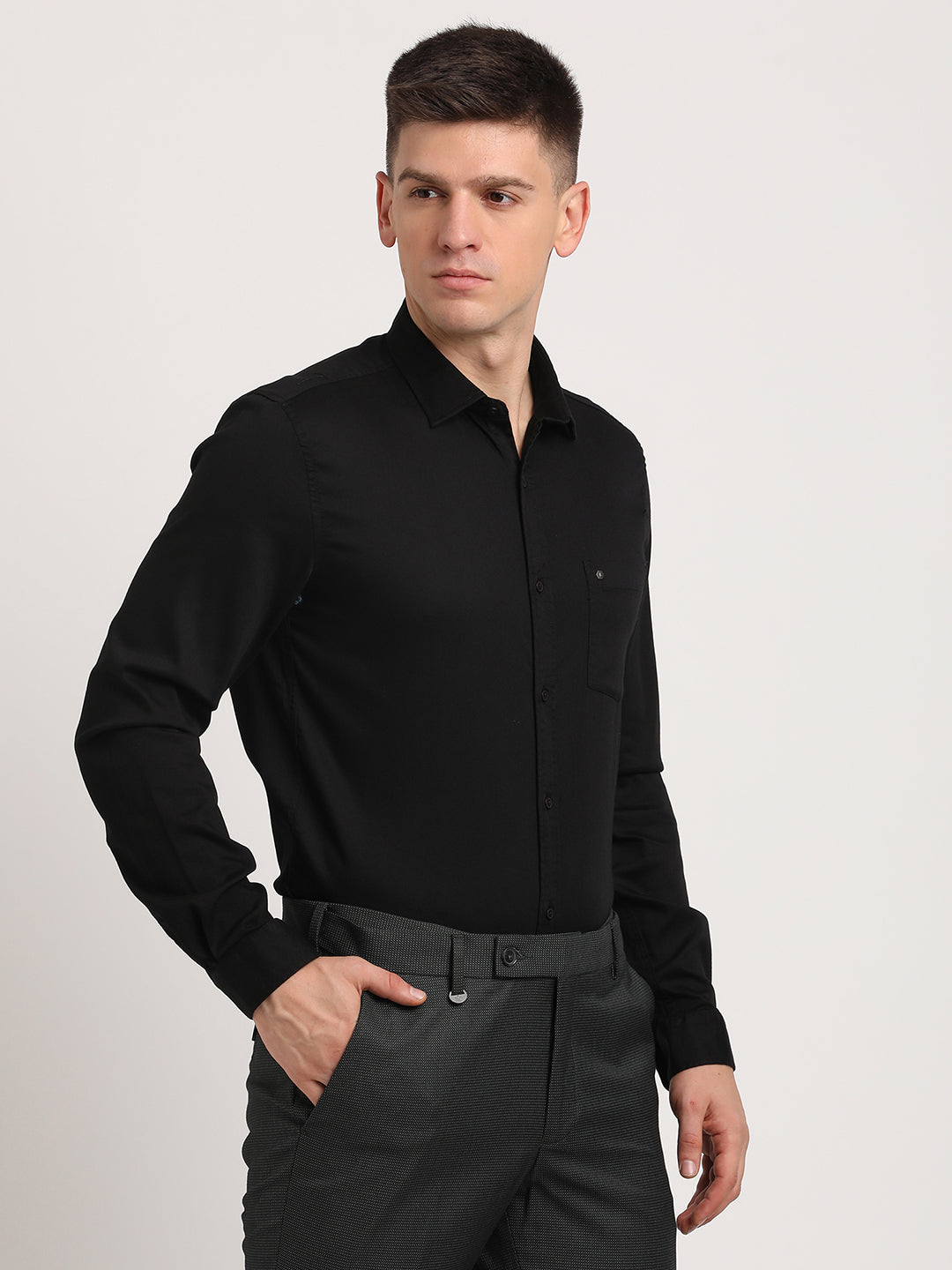 Cotton Stretch Black Plain Slim Fit Full Sleeve Casual Shirt