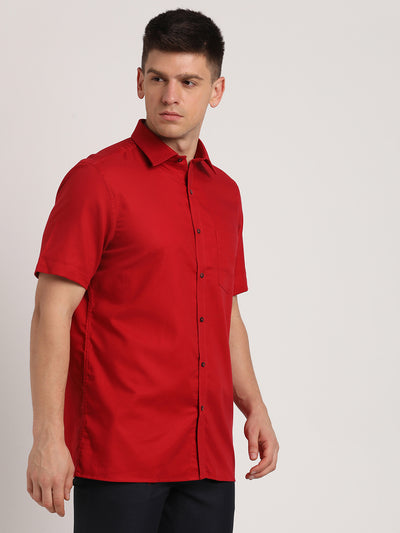100% Cotton Red Dobby Regular Fit Half Sleeve Formal Shirt