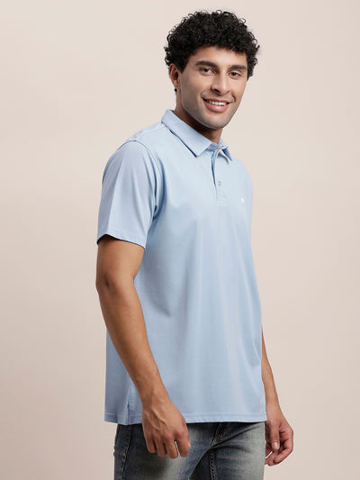 Cotton Plain Light Blue Polo Neck T-Shirt