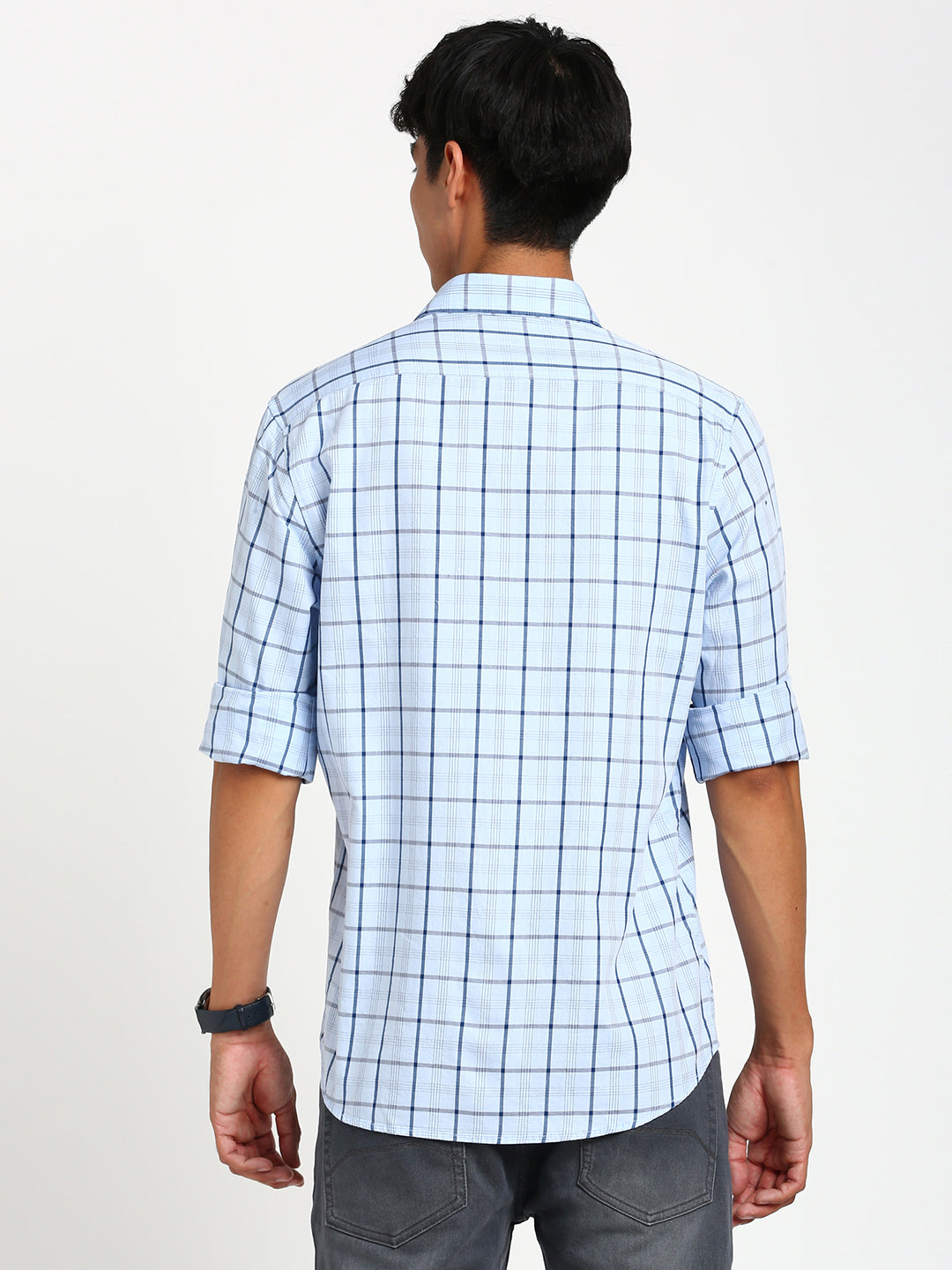 100% Cotton Sky Blue Checkered Slim Fit Full Sleeve Casual Shirt