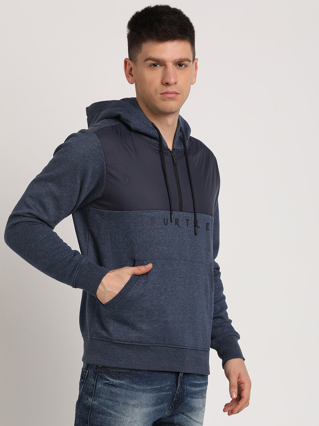 Poly Cotton Navy Striped Regular Fit Full Sleeve Casual Hoodie Sweatshirt