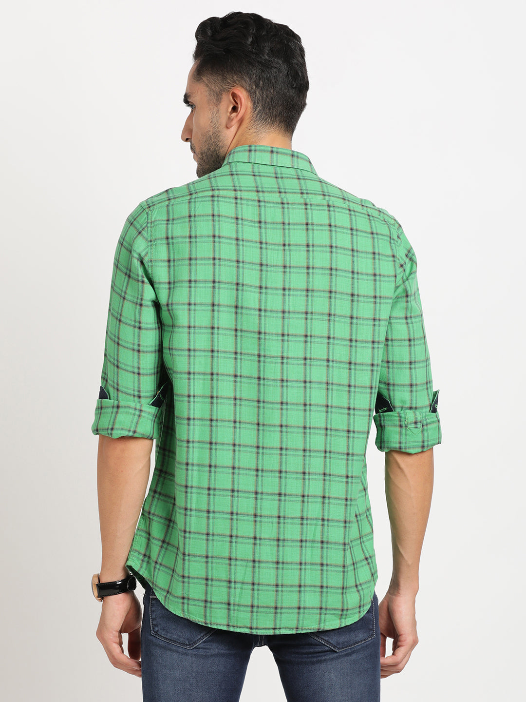 Cotton Viscose Green Checkered Slim Fit Full Sleeve Casual Shirt