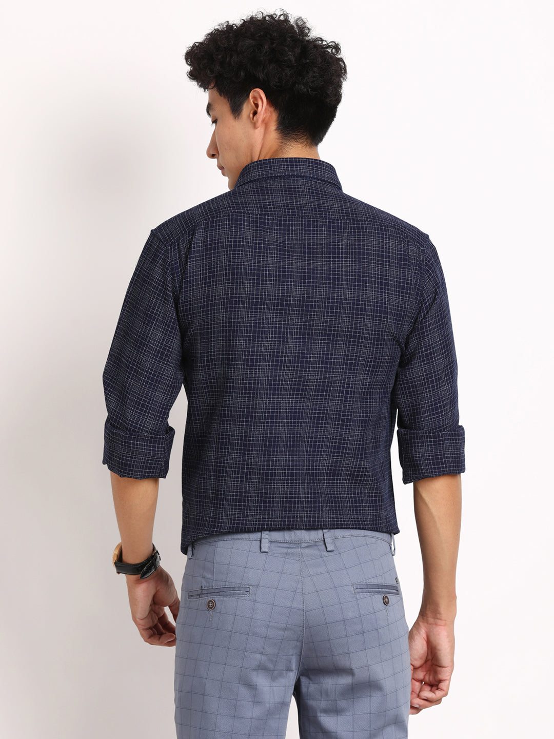 100% Cotton Indigo Navy Blue Checkered Slim Fit Full Sleeve Casual Shirt