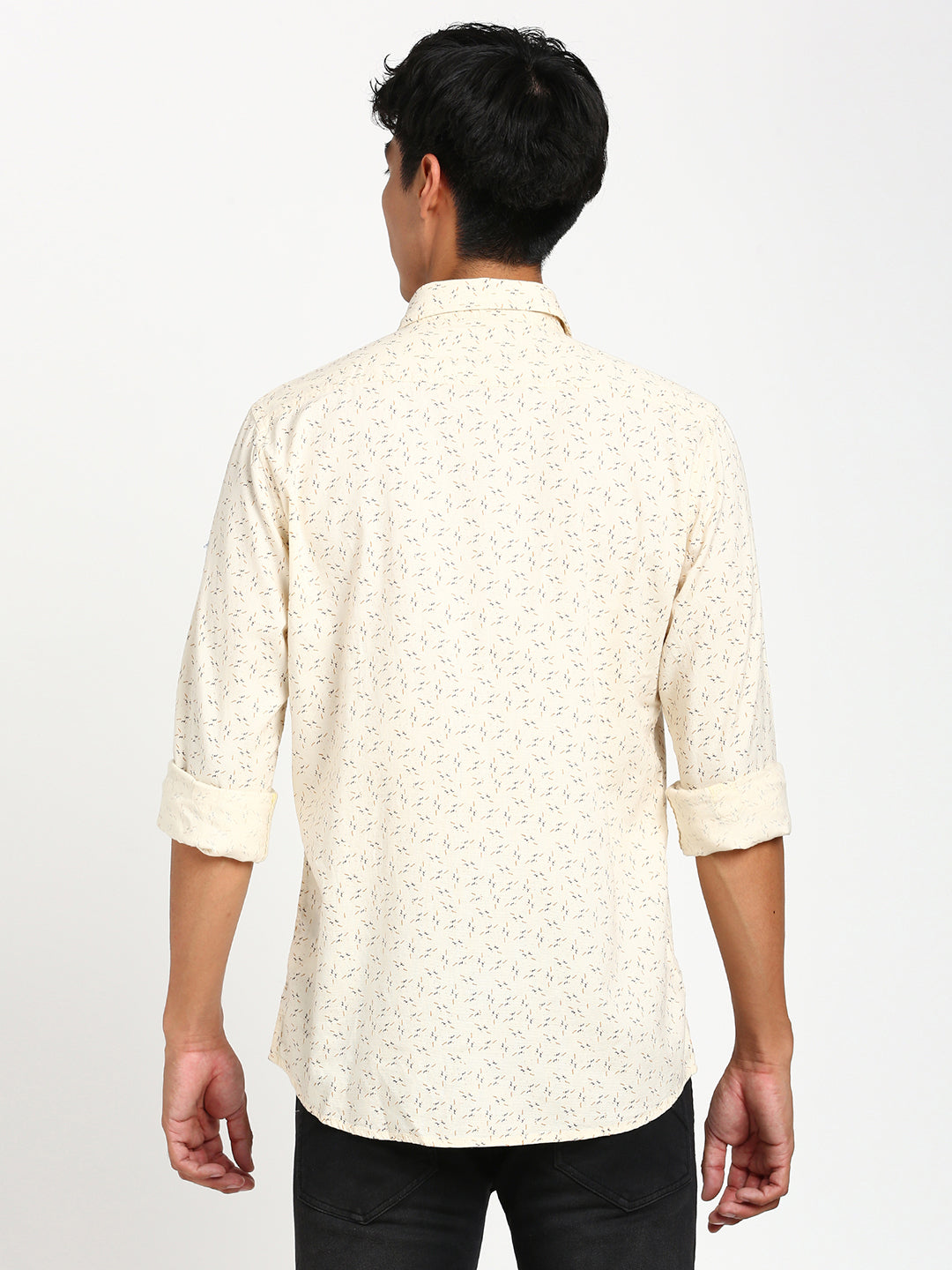 100% Cotton Beige Printed Slim Fit Full Sleeve Casual Shirt