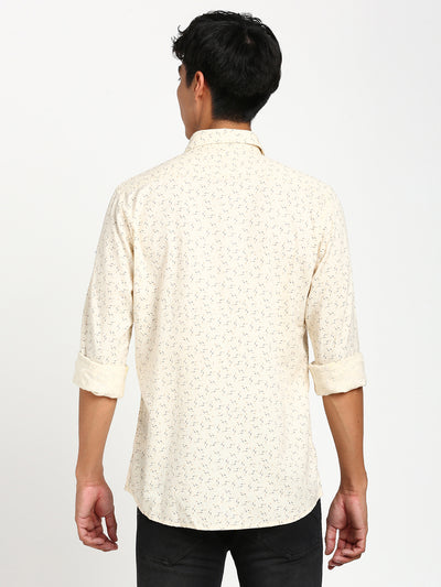 100% Cotton Beige Printed Slim Fit Full Sleeve Casual Shirt