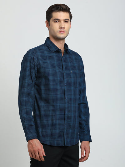 100% Cotton Navy Blue Checkered Slim Fit Full Sleeve Casual Shirt