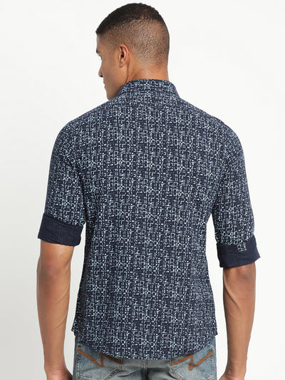 Khadi Navy Blue Printed Slim Fit Full Sleeve Casual Shirt