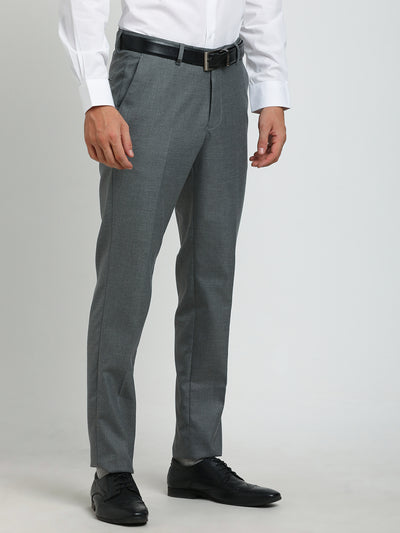 Poly Viscose Grey Plain Slim Fit Flat Front Formal Trouser