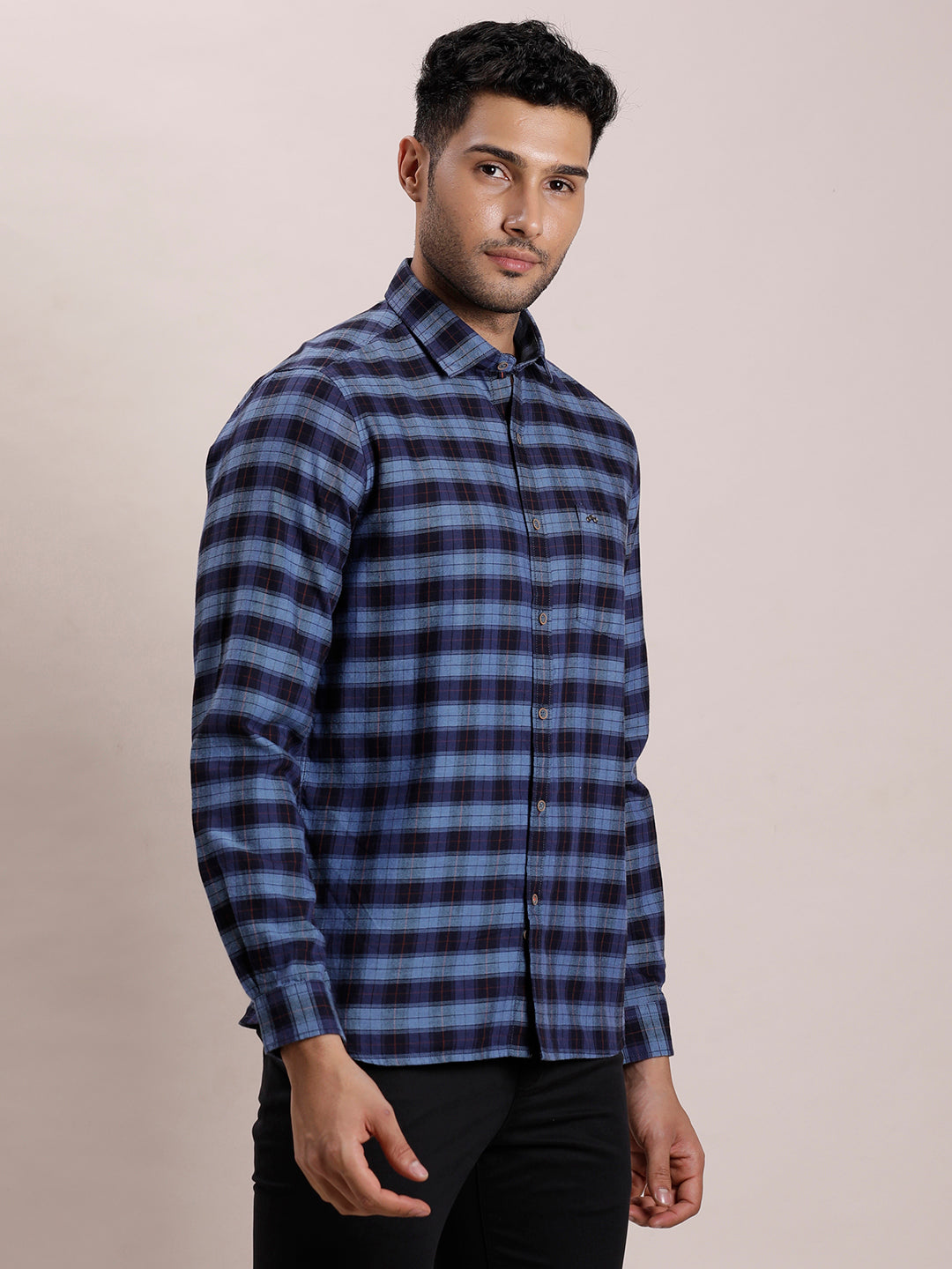 100% Cotton Indigo Navy Blue Checkered Slim Fit Full Sleeve Casual Shirt