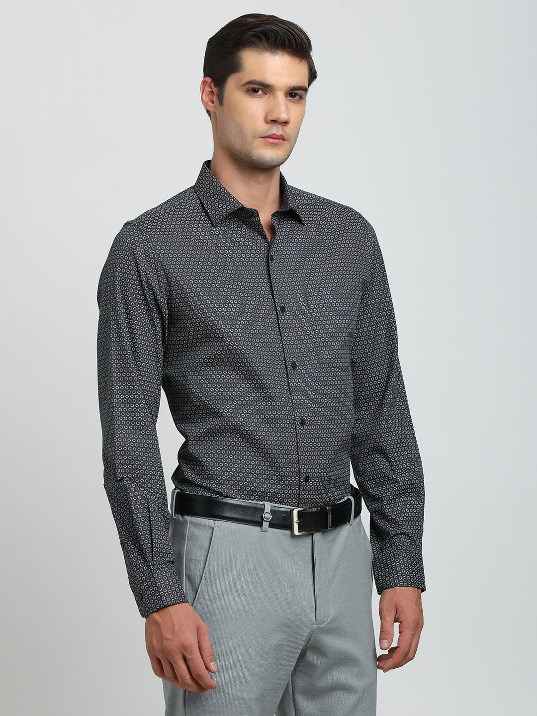 100% Cotton Black Printed Slim Fit Full Sleeve Formal Shirt