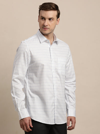 100% Cotton White Checkered Slim Fit Full Sleeve Formal Shirt