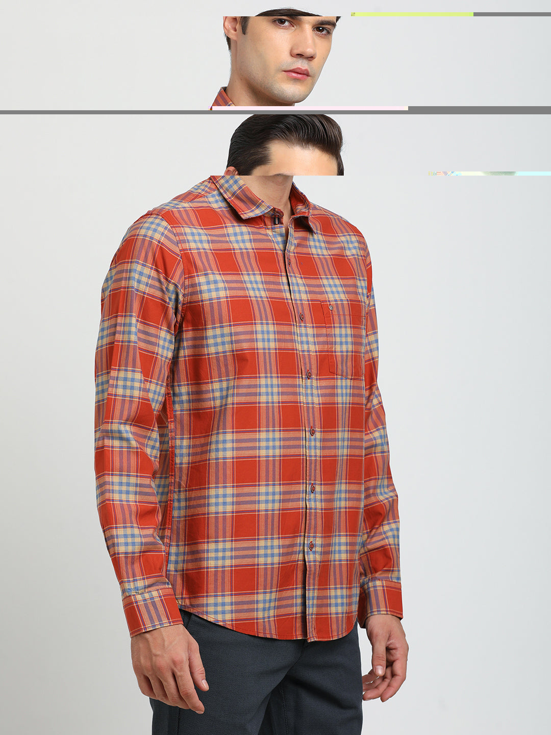 100% Cotton Orange Checkered Slim Fit Full Sleeve Casual Shirt