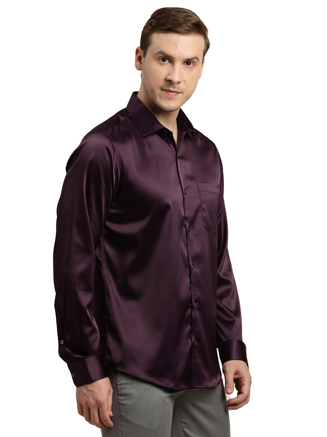 Poly Satin Purple Plain Slim Fit Full Sleeve Ceremonial Shirt