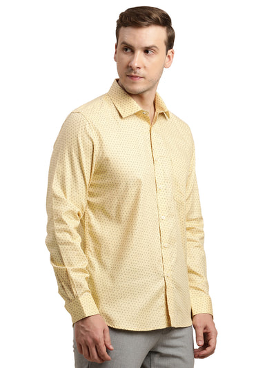 100% Cotton Yellow Printed Slim Fit Full Sleeve Formal Shirt