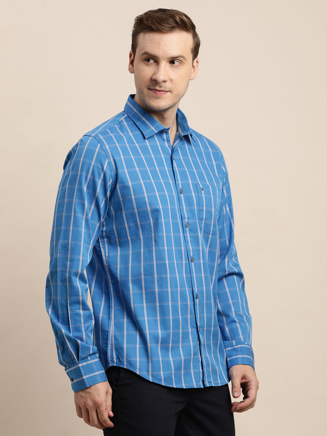 100% Cotton Blue Checkered Slim Fit Full Sleeve Casual Shirt