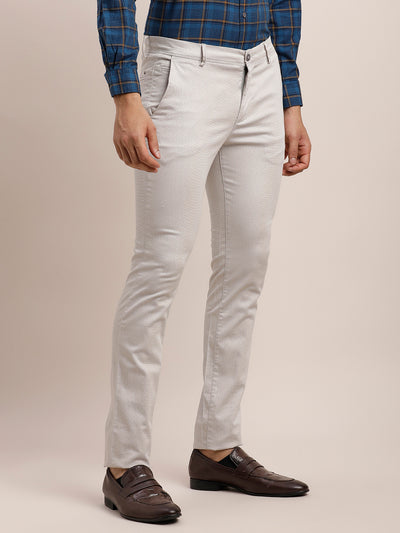 Cotton Stretch Off White Printed Narrow Fit Flat Front Casual Trouser