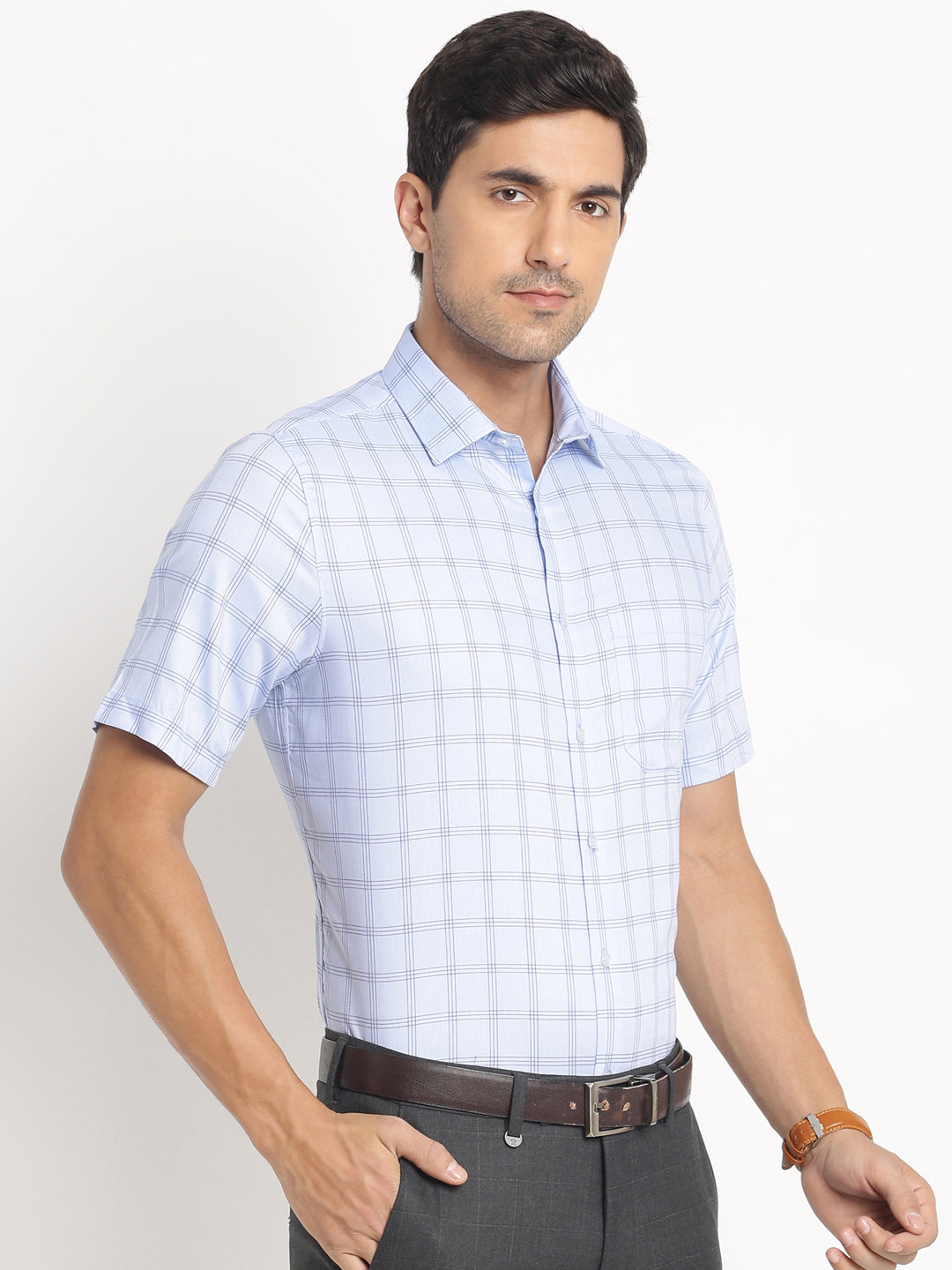 Giza Cotton Sky Blue Checkered Regular Fit Half Sleeve Formal Shirt