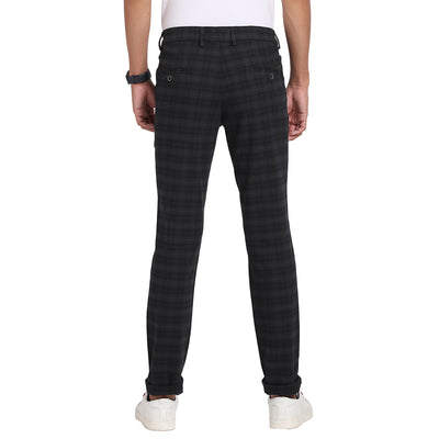 Cotton Stretch Black Checkered Narrow Fit Flat Front Casual Trouser