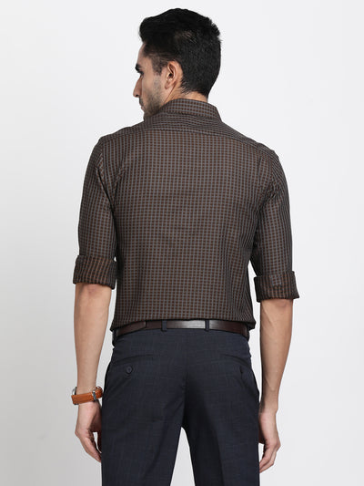 Giza Cotton Brown Checkered Slim Fit Full Sleeve Formal Shirt