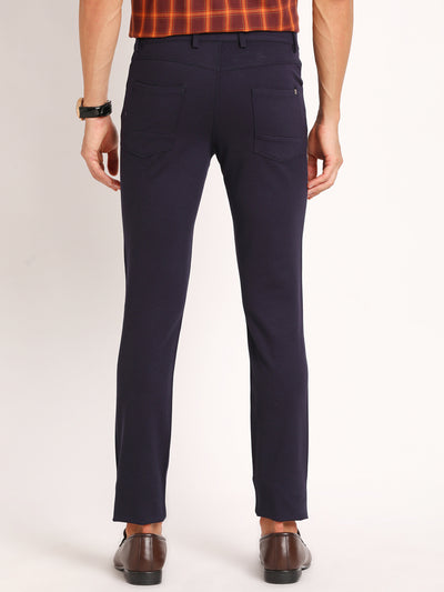 Cotton Navy Blue Plain Narrow Fit Flat Front Casual Trouser