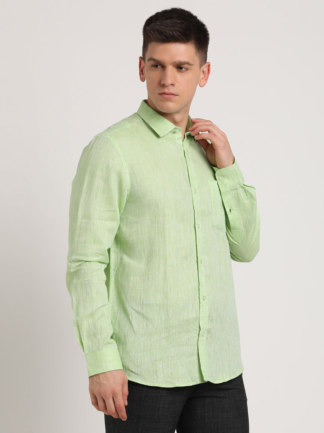 Pure Linen Pista Green Plain Slim Fit Full Sleeve Formal Shirt