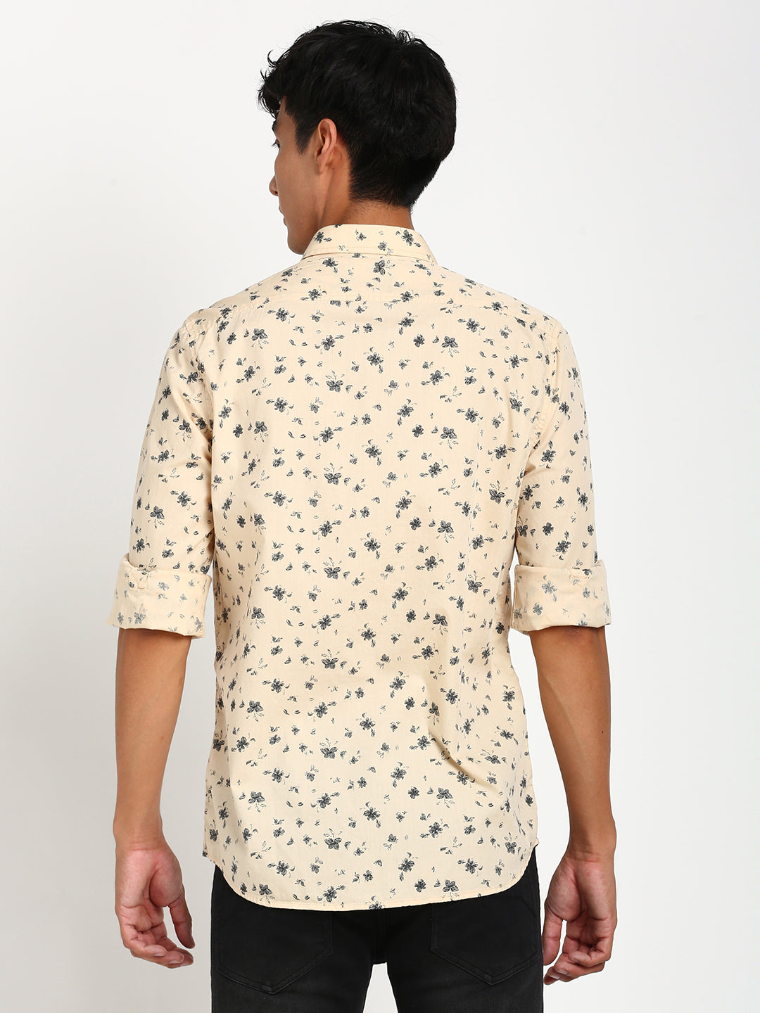 100% Cotton Beige Printed Slim Fit Full Sleeve Casual Shirt