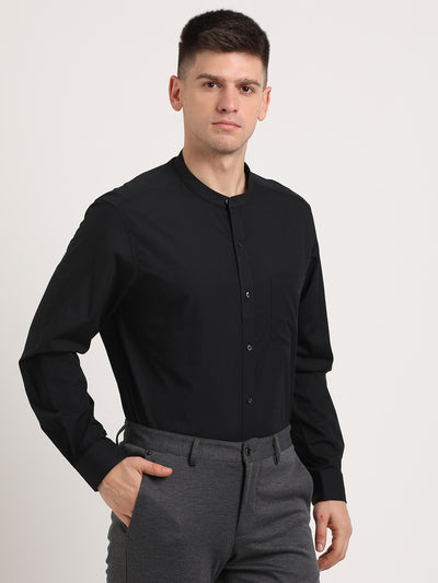 100% Cotton Black Plain Regular Fit Mandarin Collar Formal Shirt
