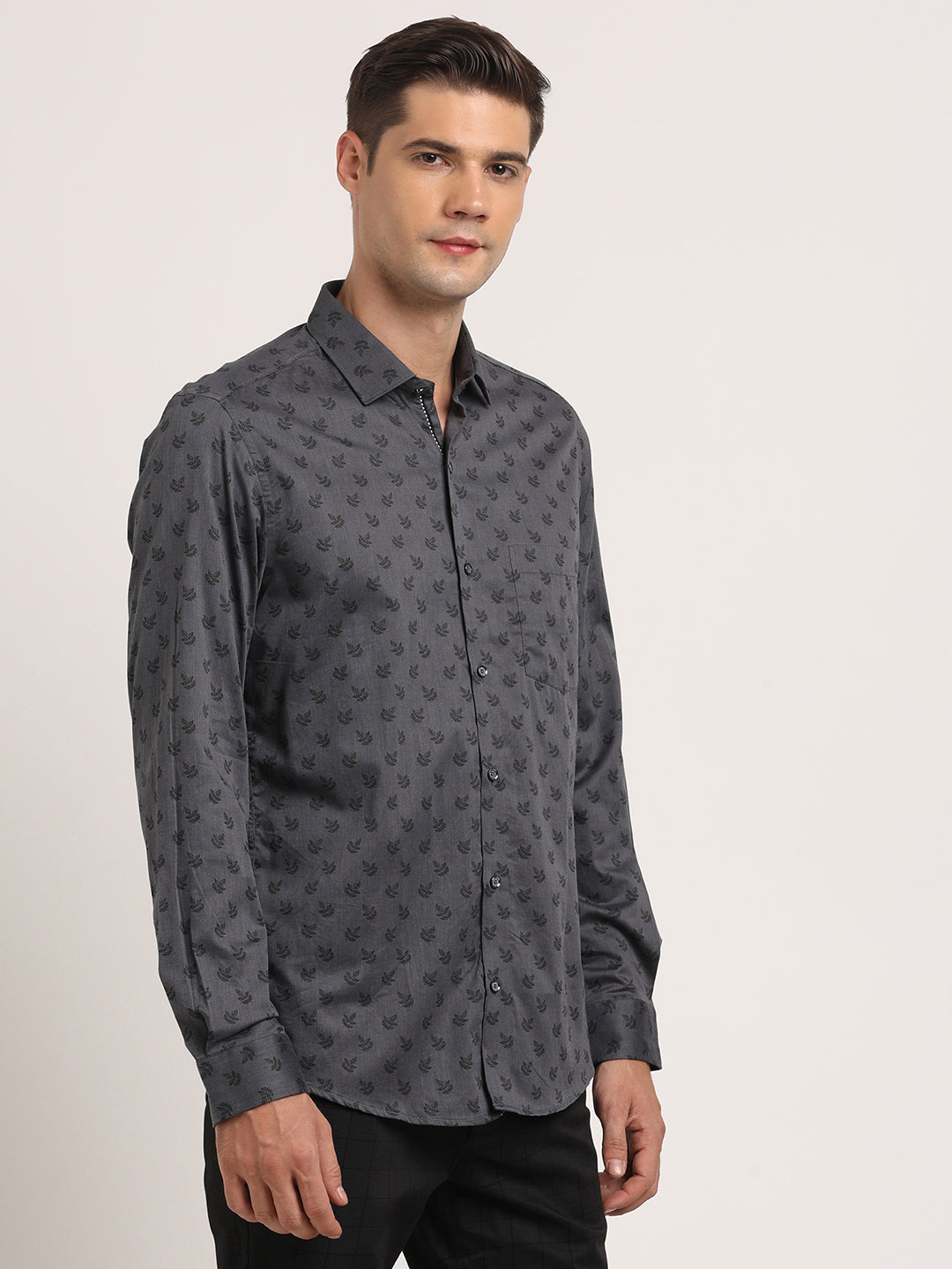 100% Cotton Charcoal Grey Printed Slim Fit Full Sleeve Ceremonial Shirt