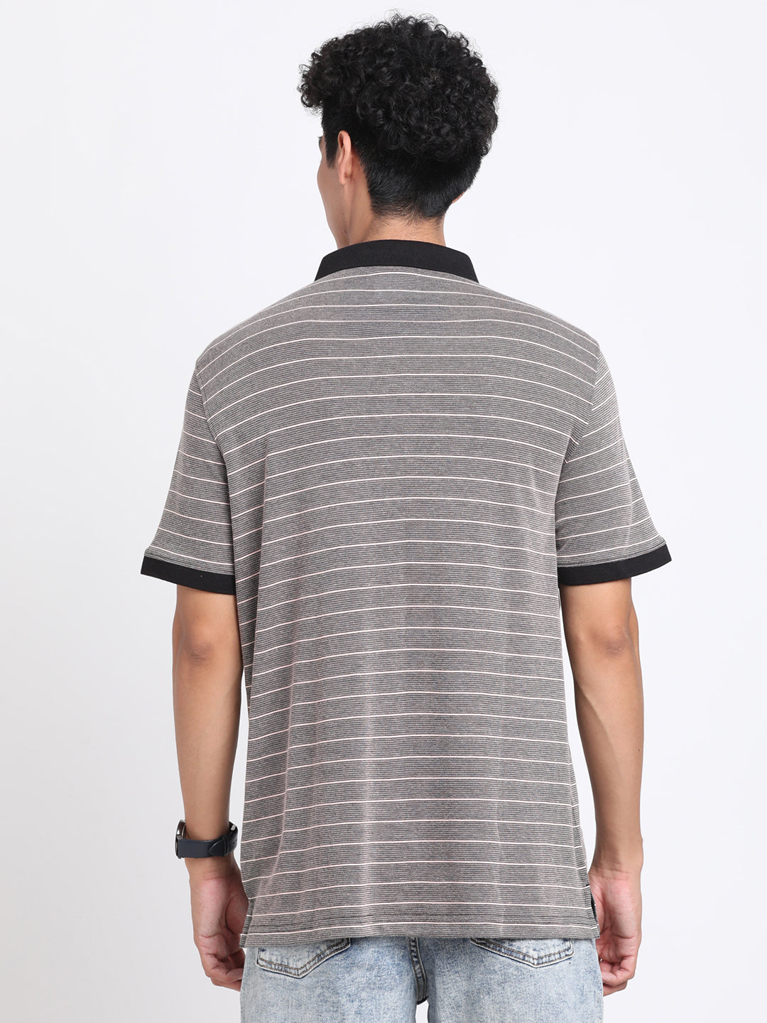 Knitted Dark Grey Striped Polo Neck Half Sleeve Casual T-Shirt