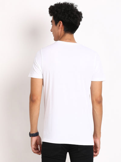Essential 100% Cotton White Chest Printed Round Neck Half Sleeve Casual T-Shirt