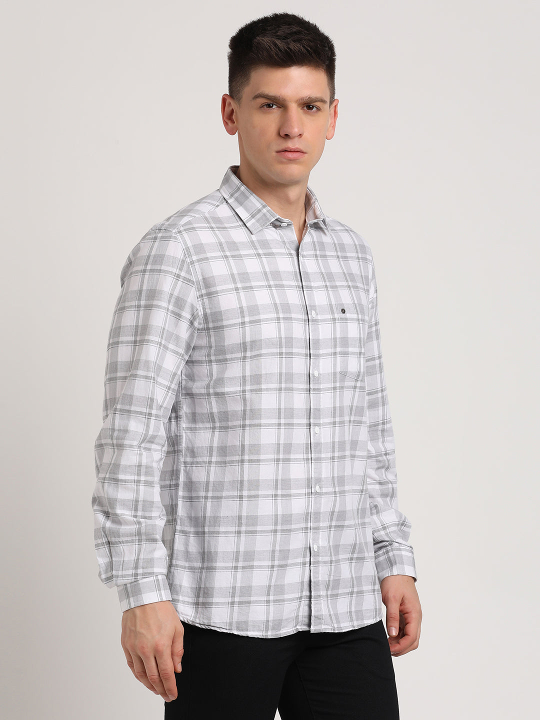 Cotton Melange Grey Checkered Slim Fit Full Sleeve Casual Shirt