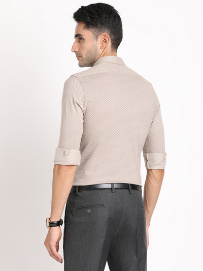Knitted Beige Printed Slim Fit Full Sleeve Formal Shirt