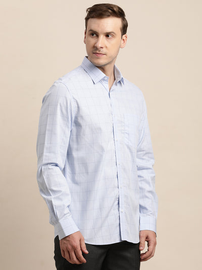 100% Cotton Blue Checkered Slim Fit Full Sleeve Formal Shirt