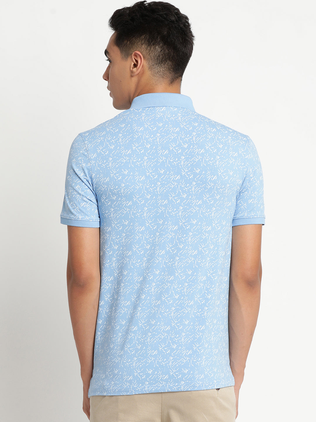 Cotton Sky Blue Printed Polo Neck T-Shirt