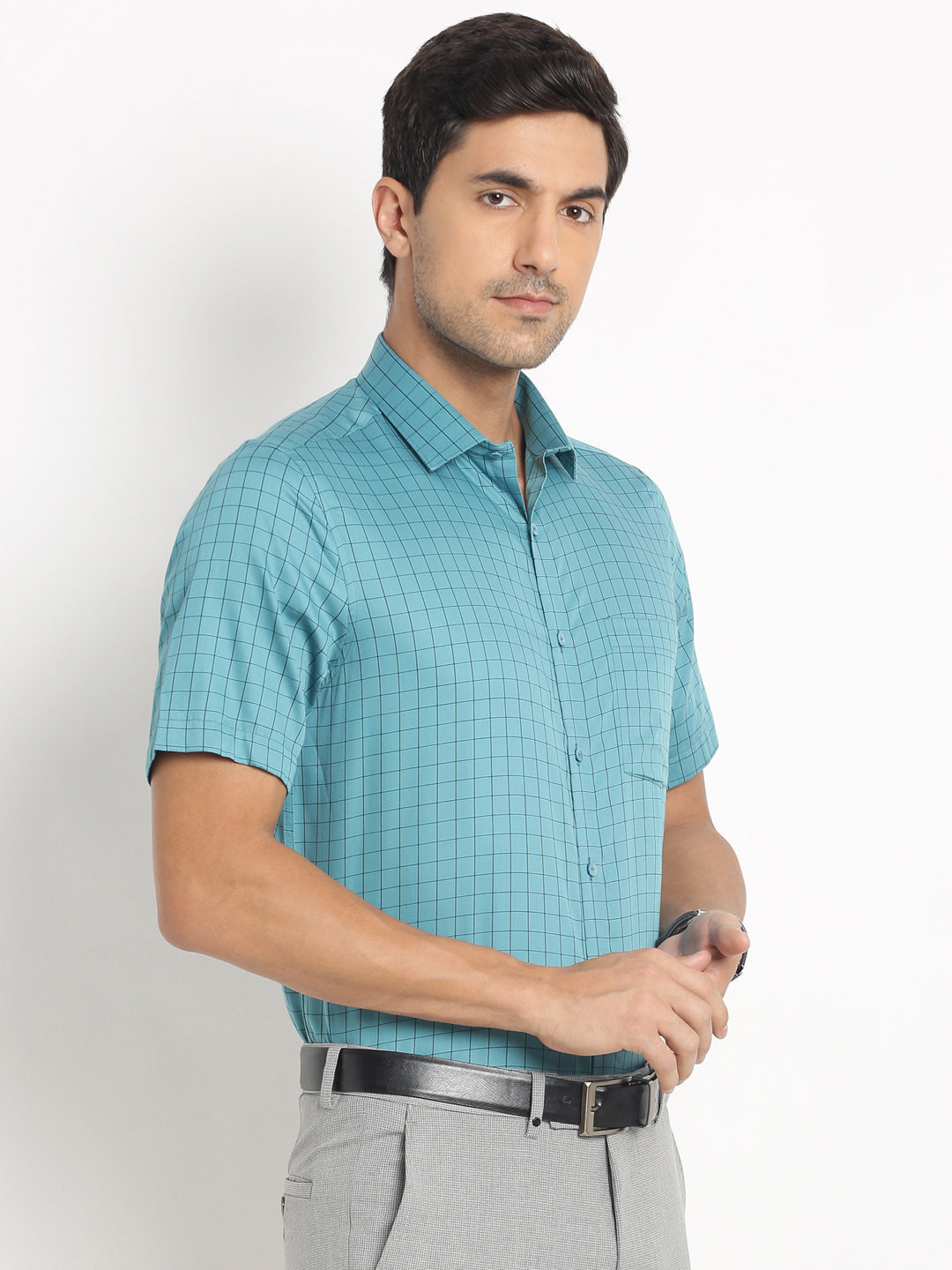 100% Cotton Sea Green Checkered Regular Fit Half Sleeve Formal Shirt