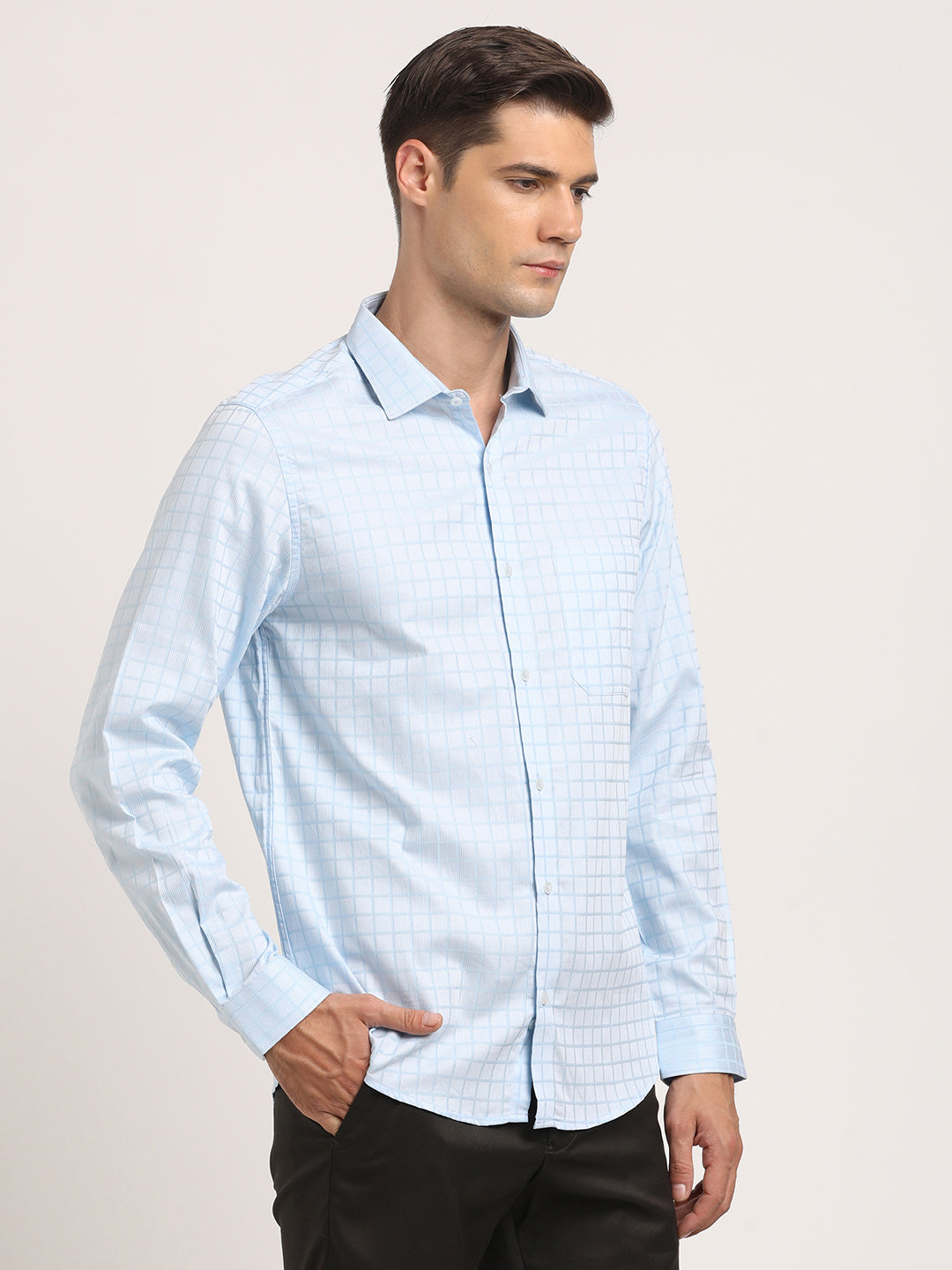 Giza Cotton Light Blue Checkered Slim Fit Full Sleeve Formal Shirt