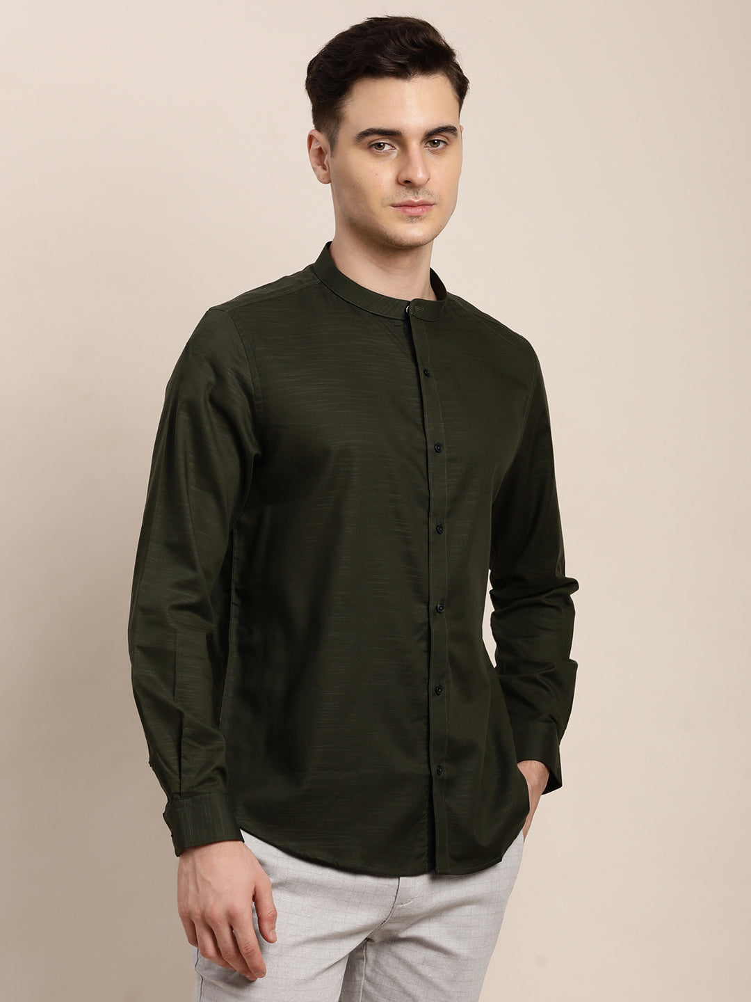 100% Cotton Dark Green Plain Slim Fit Full Sleeve Ceremonial Shirt