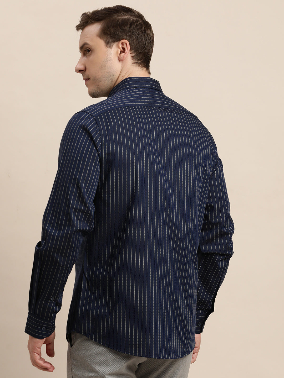 100% Cotton Navy Blue Striped Slim Fit Full Sleeve Formal Shirt