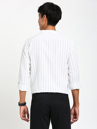 Cotton Linen White Striped Slim Fit Full Sleeve Casual Shirt