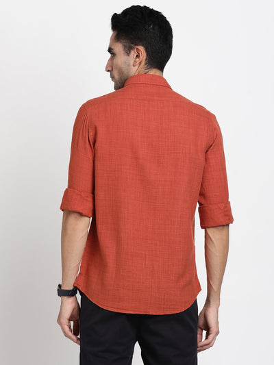 Cotton Lyocell Orange Plain Slim Fit Full Sleeve Casual Shirt