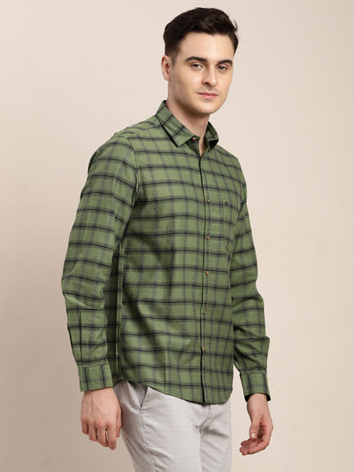 100% Cotton Green Checkered Slim Fit Full Sleeve Casual Shirt