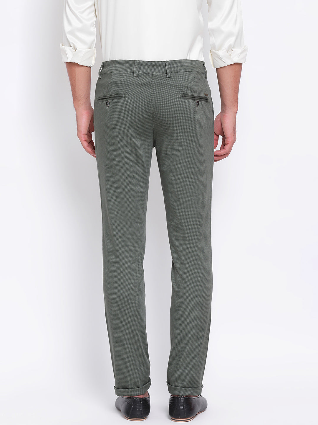Cotton Stretch Olive Printed Narrow Fit Flat Front Casual Trouser