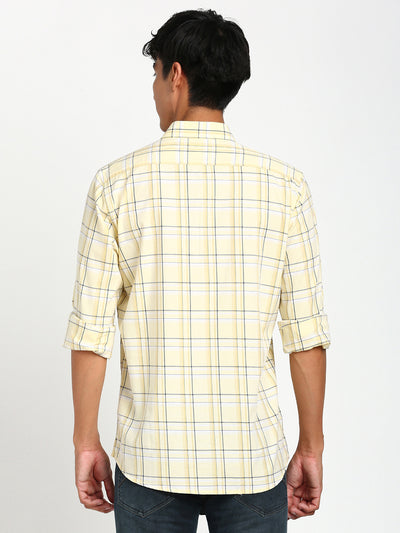 100% Cotton Yellow Checkered Slim Fit Full Sleeve Casual Shirt