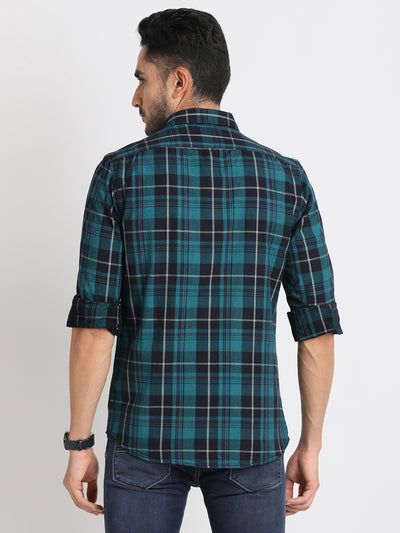 Cord Dark Blue Checkered Slim Fit Full Sleeve Casual Shirt