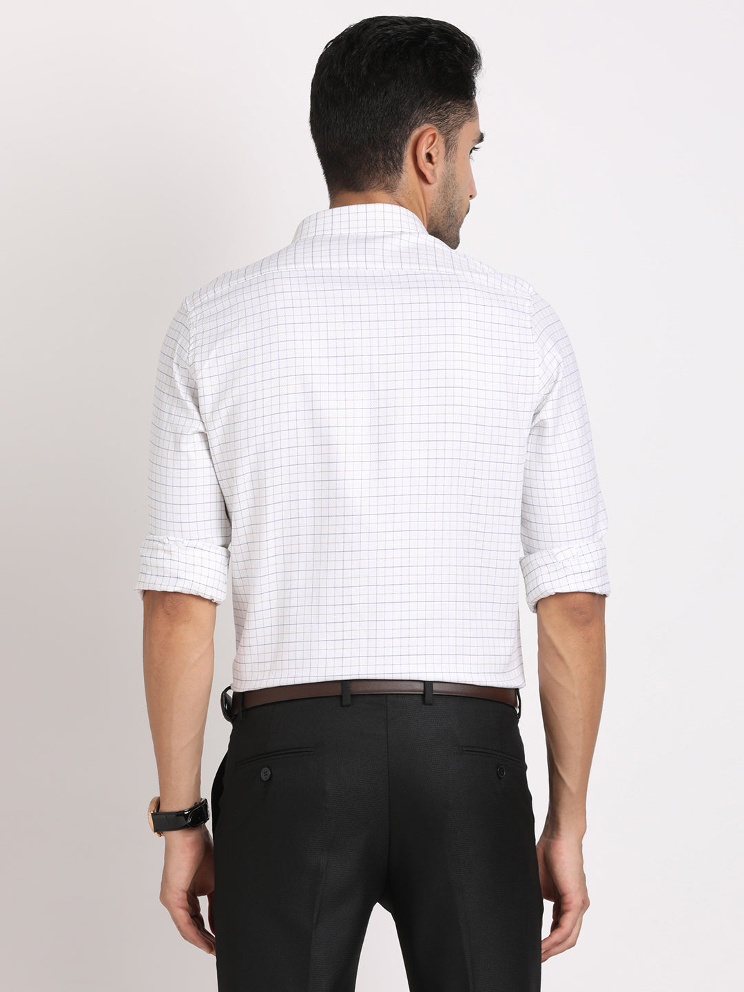 100% Cotton Off White Checkered Slim Fit Full Sleeve Formal Shirt