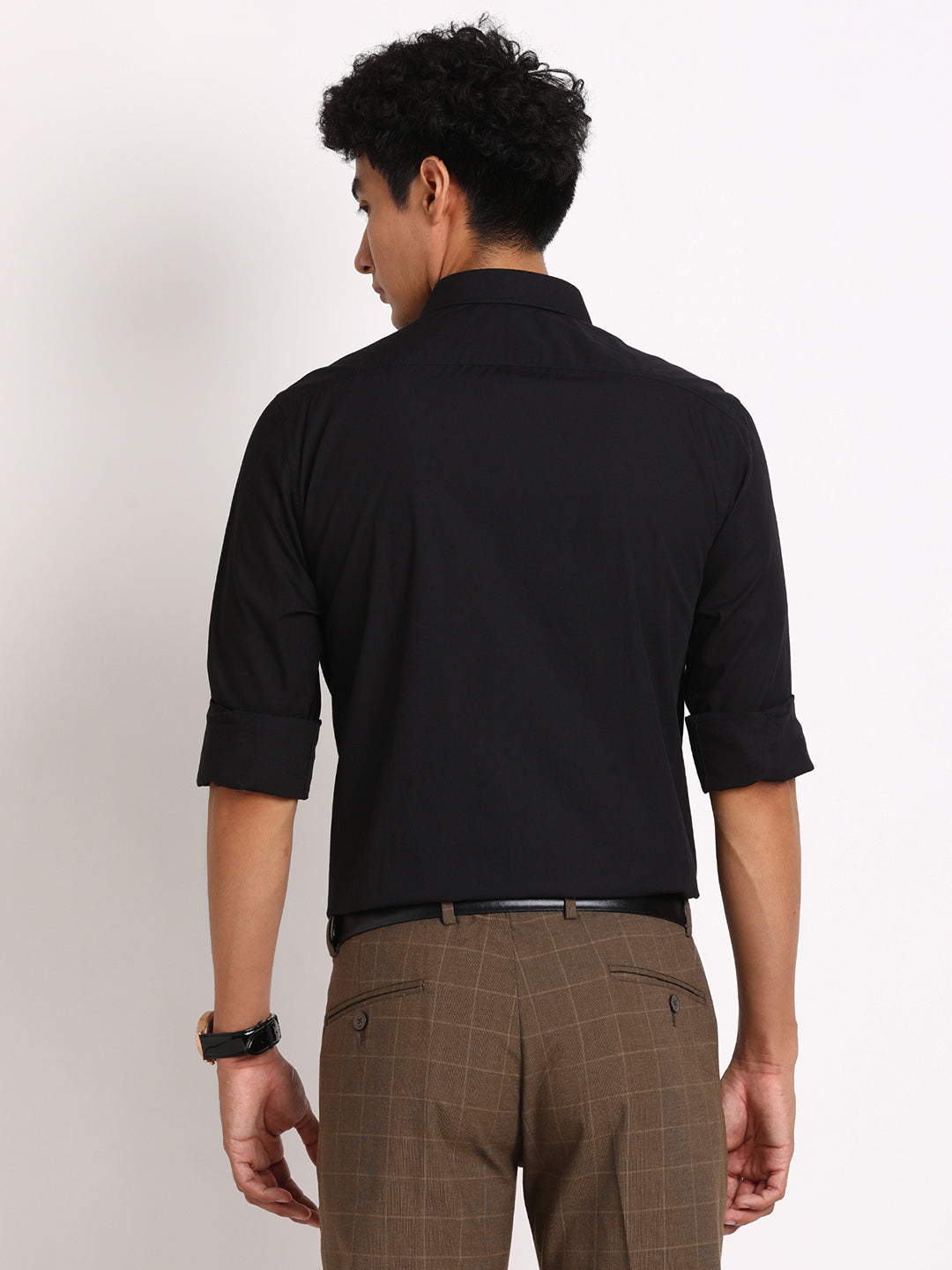 Cotton Blend Black Self Design Slim Fit Full Sleeve Casual Shirt