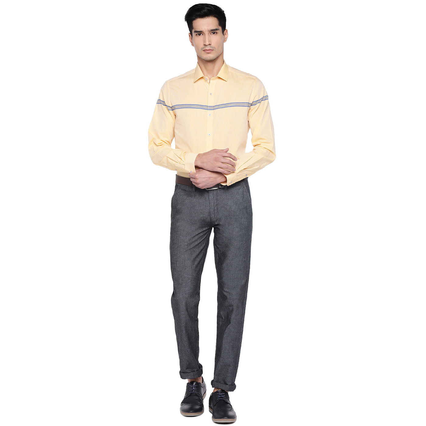 100% Cotton Yellow Self Design Slim Fit Full Sleeve Formal Shirt