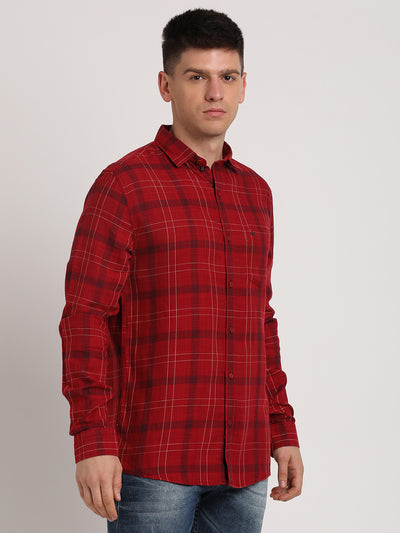 Cotton Lyocell Red Checkered Slim Fit Full Sleeve Casual Shirt