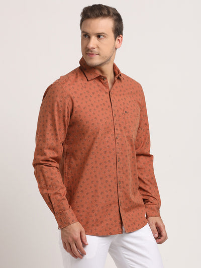 Cotton Linen Orange Printed Slim Fit Full Sleeve Casual Shirt