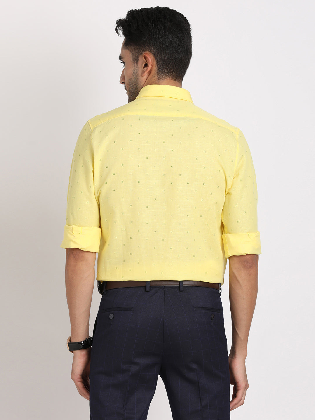 Cotton Linen Yellow Printed Slim Fit Full Sleeve Formal Shirt